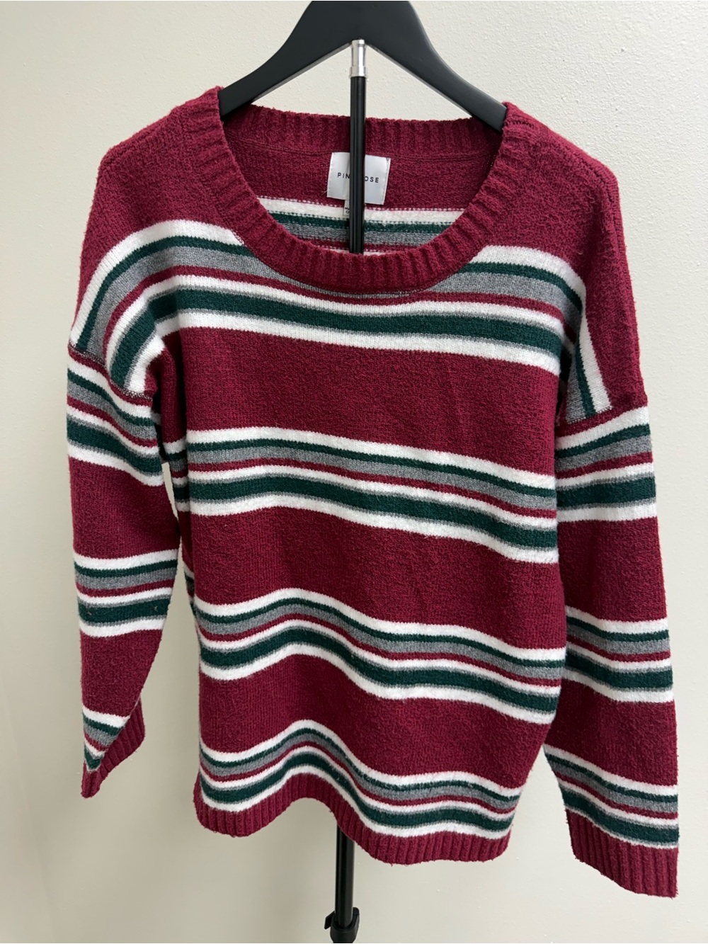 PINK ROSE Burgundy Striped Crewneck Sweater with Green & White Bands
